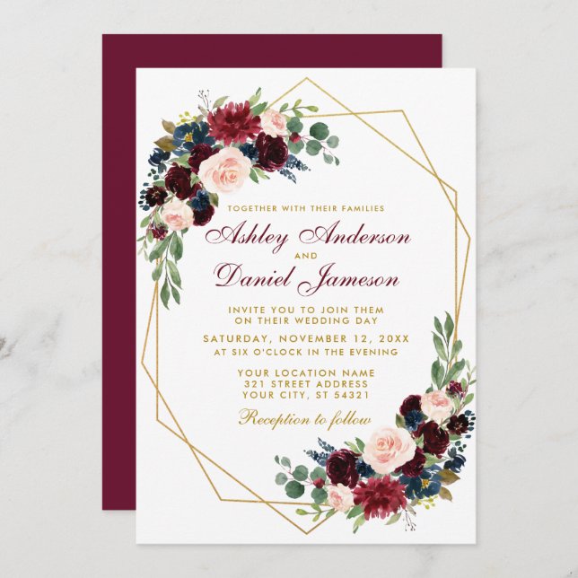 Burgundy Blue Floral Geometric Gold Wedding Einladung (Vorne/Hinten)