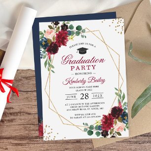 Burgundy Blue Floral Geometric Graduation Party Einladung