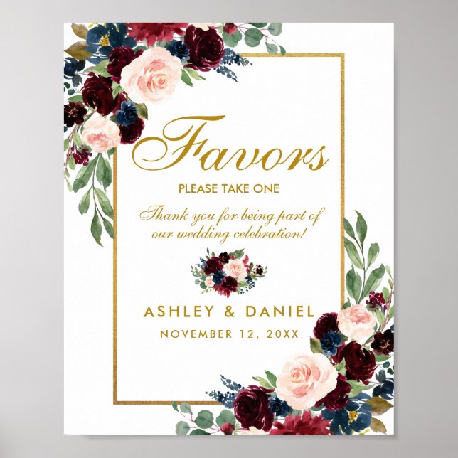 Burgundy Blue Floral Gold Gastgeschenke Hochzeiten Poster (Vorne)
