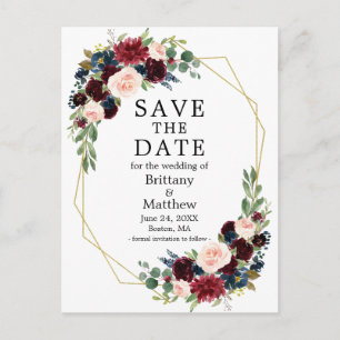 Burgundy Blue Floral Gold Geo Frame Save the Date Postkarte