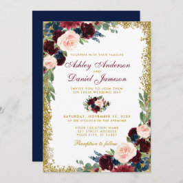 Burgundy Blue Floral Gold Glitzer Wedding B Einladung