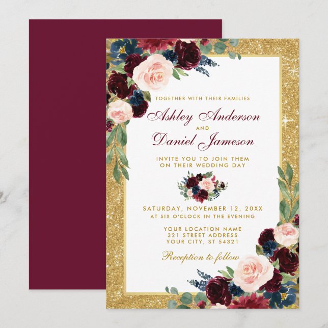 Burgundy Blue Floral Gold Glitzer Wedding B Einladung (Vorne/Hinten)