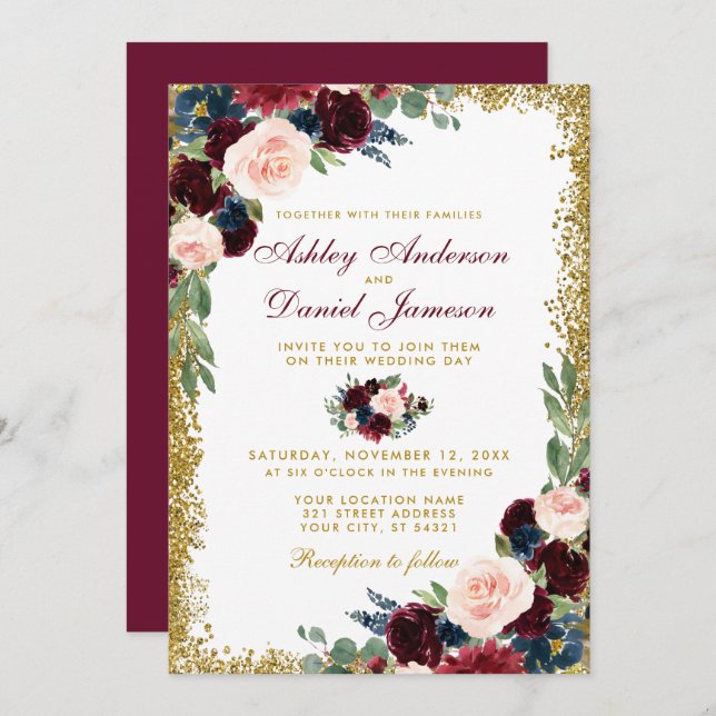 Burgundy Blue Floral Gold Glitzer Wedding Einladung (Vorne/Hinten)