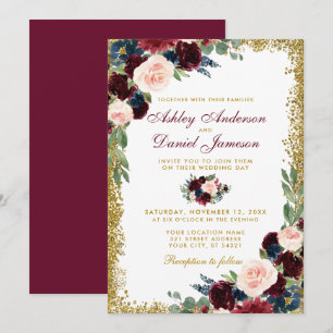 Burgundy Blue Floral Gold Glitzer Wedding Einladung