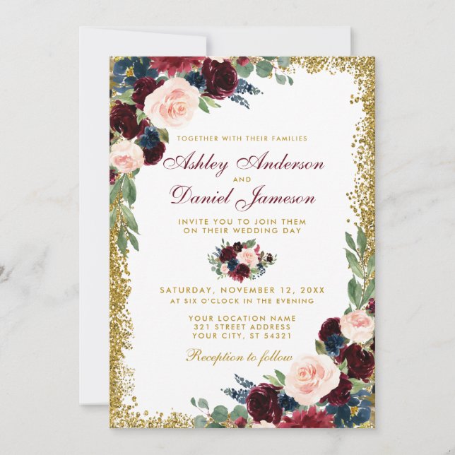 Burgundy Blue Floral Gold Glitzer Wedding W Einladung (Vorderseite)