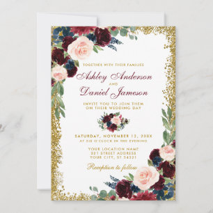 Burgundy Blue Floral Gold Glitzer Wedding W Einladung