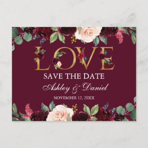 Burgundy Blue Floral Gold Liebe Save the Date Ankündigungspostkarte