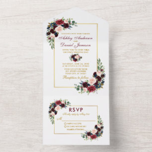 Burgundy Blue Floral Gold Wedding All In One Einladung