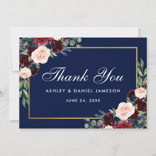 Burgundy Blue Floral Gold Wedding Dankeskarte