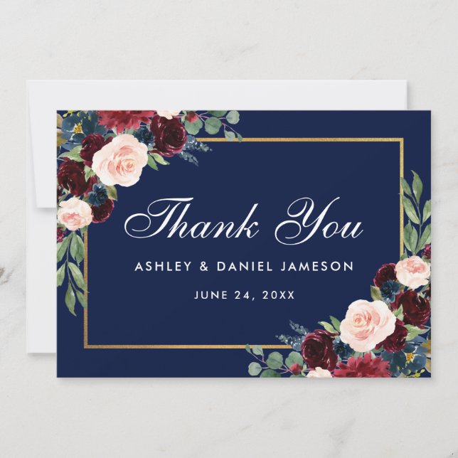 Burgundy Blue Floral Gold Wedding Dankeskarte (Vorderseite)