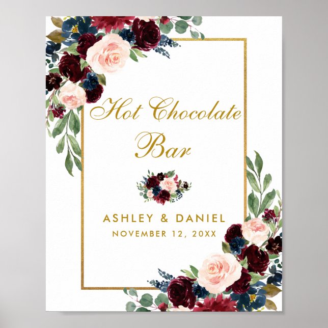 Burgundy Blue Floral Gold Wedding Hot Chocolate Poster (Vorne)