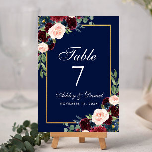 Burgundy Blue Floral Gold Wedding Tischnummer