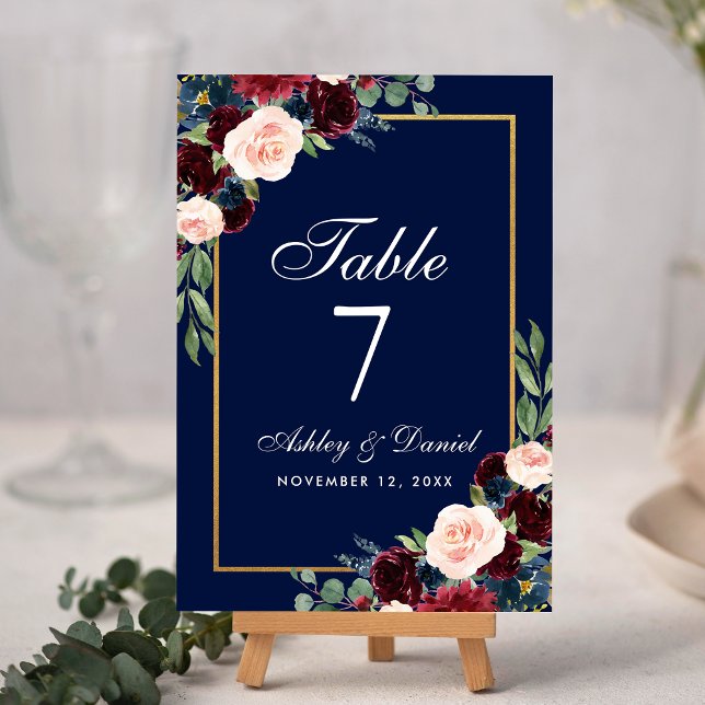 Burgundy Blue Floral Gold Wedding Tischnummer (Customize to change text size or text style.)