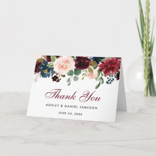 Burgundy Blue Floral Wedding Danke Falten Karte