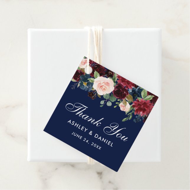 Burgundy Blue Floral Wedding Danke Gold Geschenkanhänger (Beispiel)
