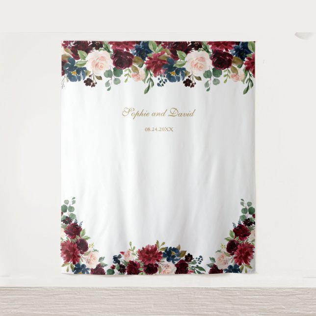 Burgundy Blue Floral Wedding Foto Stand Hintergrun Wandteppich (Vorderseite)