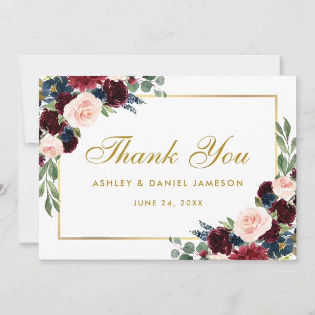 Burgundy Blue Floral Wedding Gold Dankeskarte (Vorderseite)