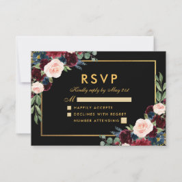 Burgundy Blue Floral Wedding RSVP Black Gold Karte