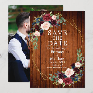 Burgundy Blue Floral Wood Geo Frame Foto Save The Date
