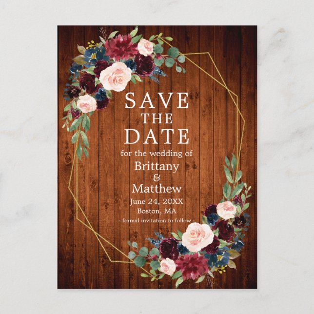 Burgundy Blue Floral Wood Geo Frame Save the Date Postkarte (Vorderseite)