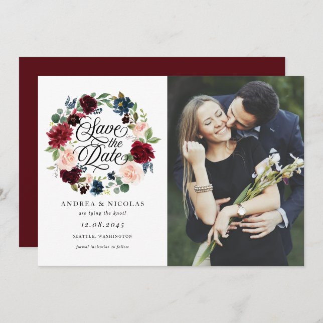 Burgundy & Blue Floral Wreath Foto Save the Date (Vorne/Hinten)
