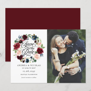 Burgundy & Blue Floral Wreath Foto Save the Date
