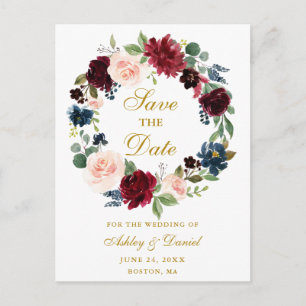 Burgundy Blue Floral Wreath Gold Save the Date Ankündigungspostkarte