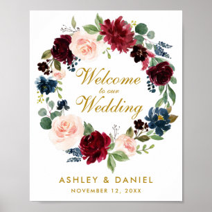Burgundy Blue Floral Wreath Gold Wedding Willkomme Poster