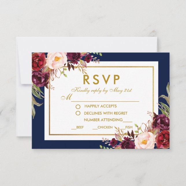 Burgundy Blue Gold Floral Wedding RSVP (Vorderseite)