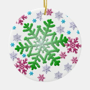 Burgundy Blue Green & Silver Snowflakes Keramik Ornament