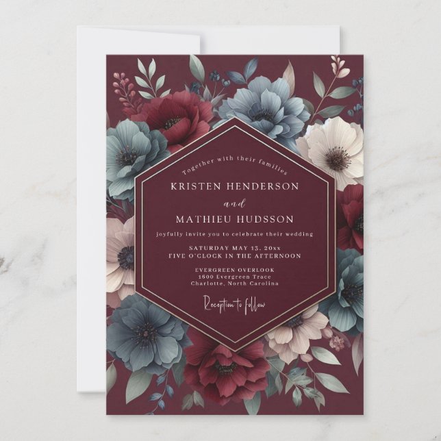 Burgundy & Blue Shadowy Bloom Wedding Einladung (Vorderseite)