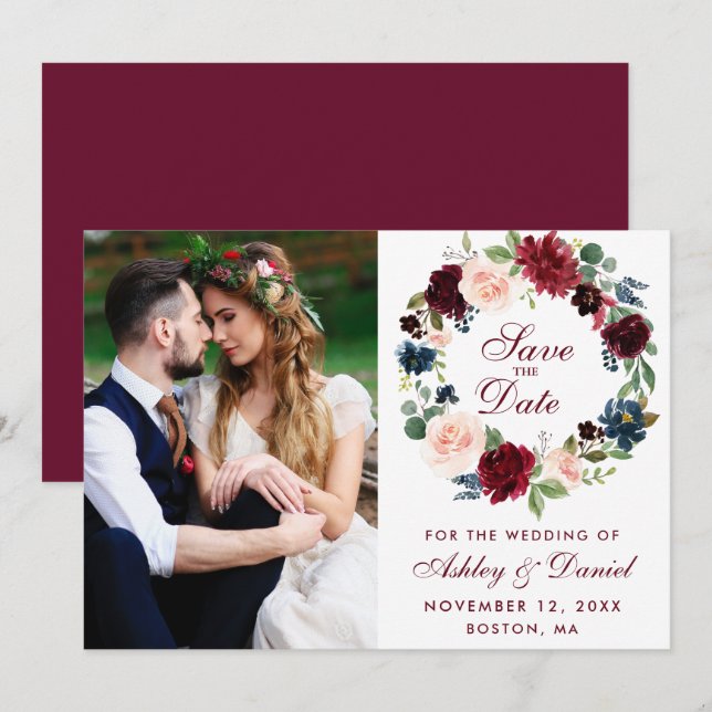 Burgundy Blue Watercolor Blumenzeremonie B Save The Date (Vorne/Hinten)