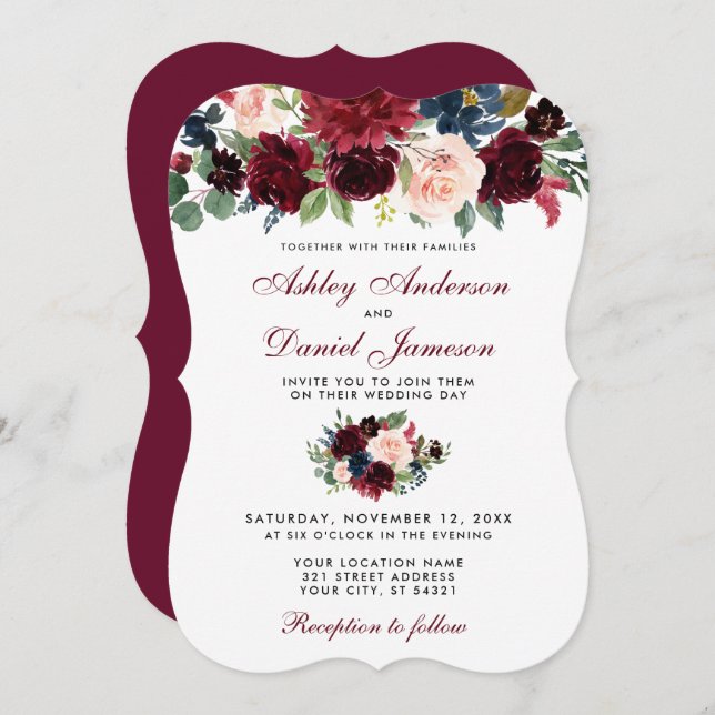 Burgundy Blue Watercolor Floral Elegante Hochzeit Einladung (Vorne/Hinten)