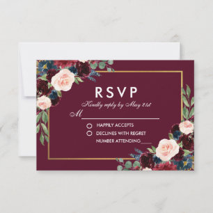 Burgundy Blue Watercolor Floral Gold Wedding RSVP