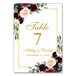Burgundy Blue Watercolor Floral Gold Wedding Tischnummer