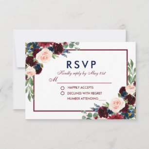 Burgundy Blue Watercolor Floral Wedding RSVP Karte