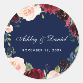 Burgundy Blue Watercolor Floral Wedding Runder Aufkleber