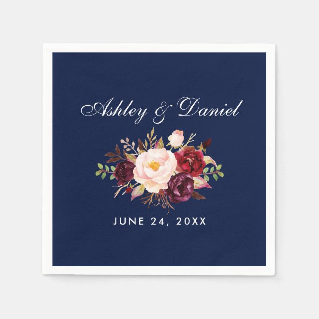Burgundy Blue Wedding Watercolor Floral Serviette (Vorderseite)