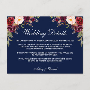 Burgundy Blues Hochzeitdetails Beipackkarte W Postkarte