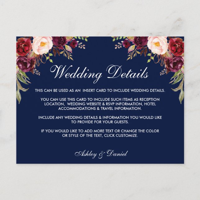 Burgundy Blues Hochzeitdetails Beipackkarte W Postkarte (Vorderseite)