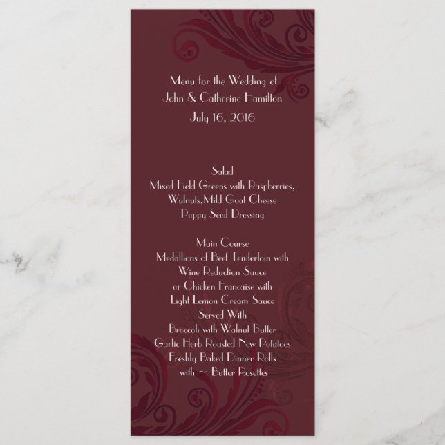 Burgundy Blüh Skinny Wedding Table Menu Menükarte (Vorderseite)
