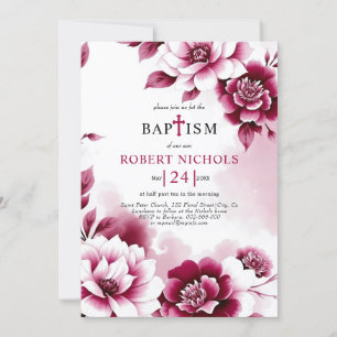 Burgundy Blume Aquarell Waschmädchen Taufe Einladung