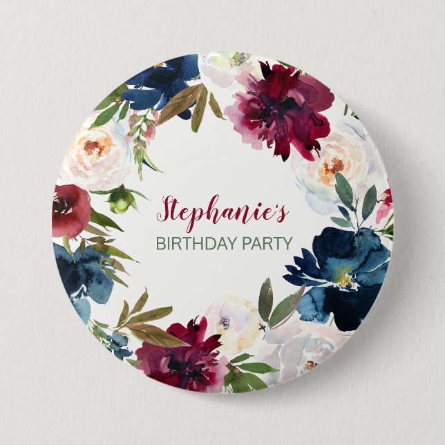 Burgundy-Blume der Wasserfarbe Geburtstag Button (Vorderseite)
