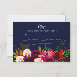 Burgundy Blume Navy Blue Wedding RSVP Karte