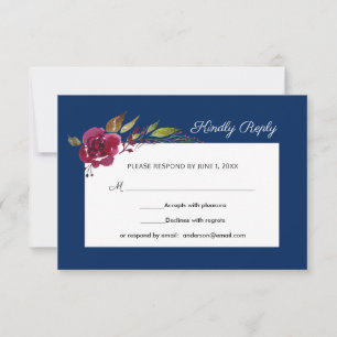 Burgundy Blume Navy Blue Wedding RSVP Karte