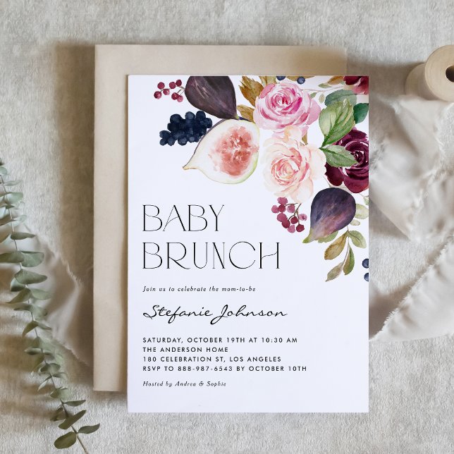 Burgundy-Blume und Fig QR-Code Baby Brunch Einladung (Moody botanical baby brunch QR code invitation with watercolor figs, berries and burgundy flowers.)