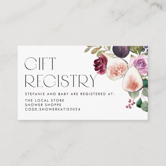 Burgundy Blume und Figs Baby Shower Registry Begleitkarte (Vorderseite)