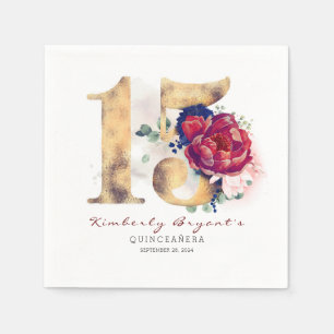 Burgundy Blume und Goldtypografie 15. Geburtstag Serviette