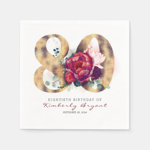 Burgundy Blume und Goldtypografie 80. Geburtstag Serviette