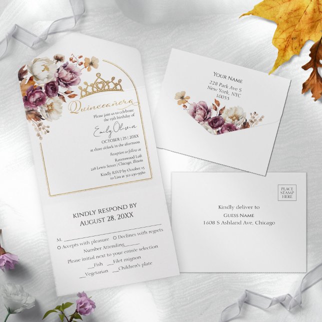 Burgundy Blumenarche Fall Quinceanera All In One Einladung (Von Creator hochgeladen)